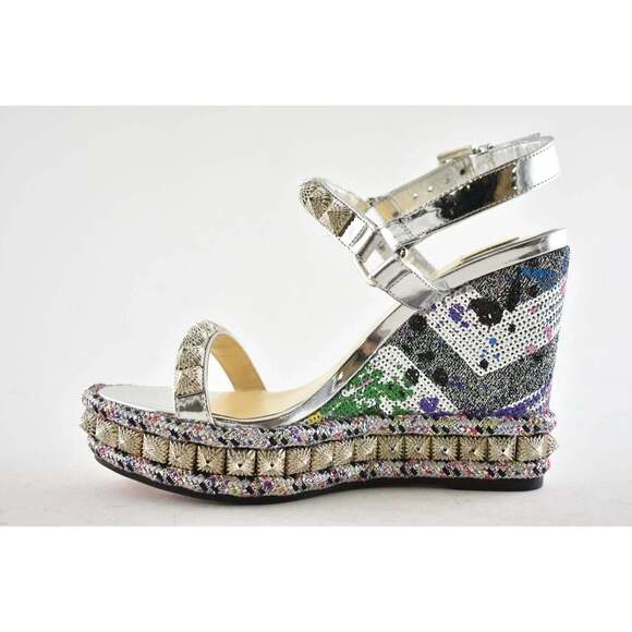 Christian Louboutin Pira Ryad 110 Silver Sequin Platform Wedge Sandal Heel 36 - Picture 9 of 9